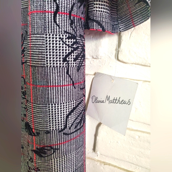 NWT Olivia Matthews Dress Long Bell Sleeves Black Gray Pink Floral Plaid Size S - Picture 9 of 12